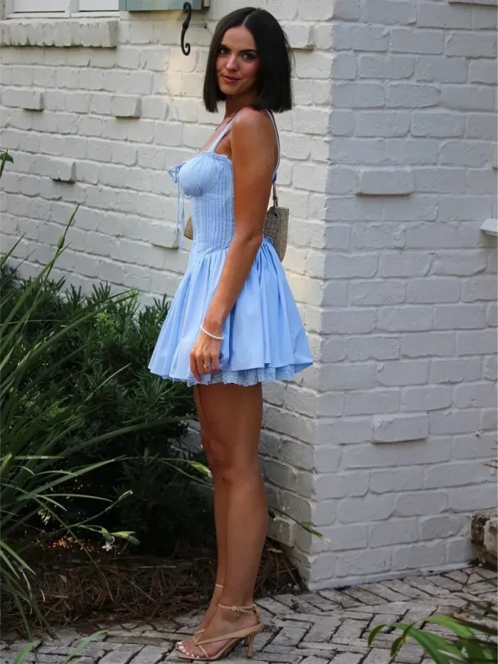Graye | Blue - Square Neck A Line Satin Homecoming Dresses With Bow