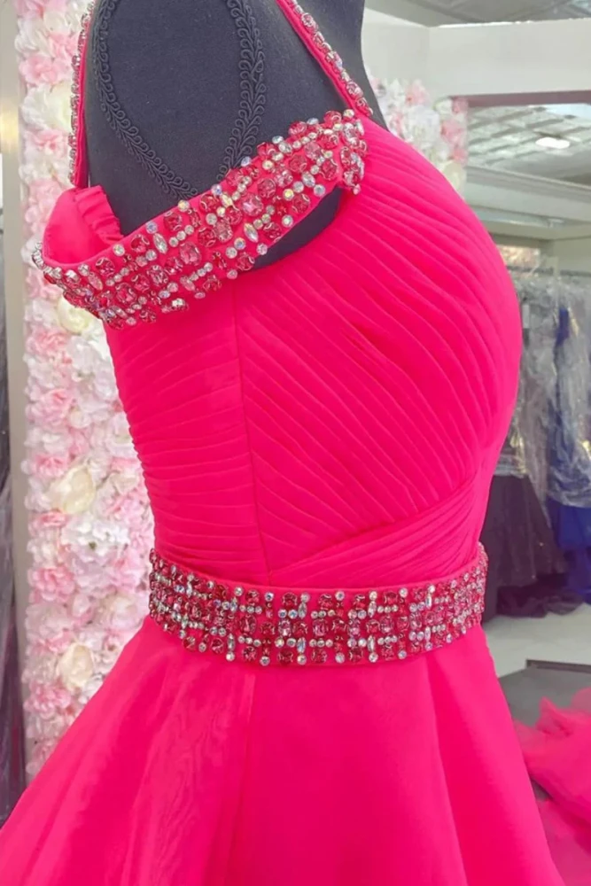 Hot Pink Beaded Cold-Shoulder A-Line Prom Dress