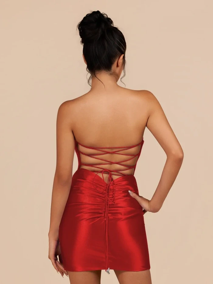 Indie | Red Bodycon Satin Sweetheart Corset Homecoming Dress with Sequined Flowers | KissProm
