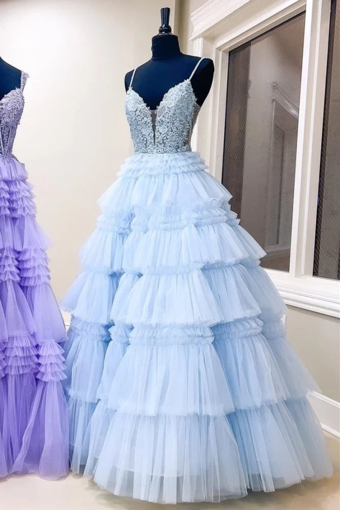 Hadlee | Black Beaded Spaghetti Strap Ruffle Tiered Ball Gown