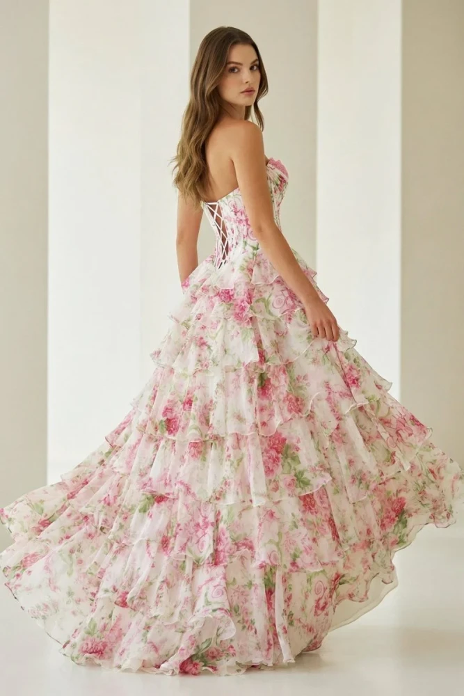 Haruko | A Line Floral Blush Tiered Chiffon Long Corset Prom Dress with Slit