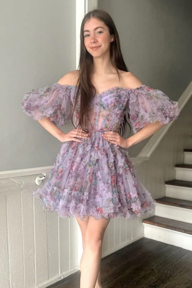 Ivana | Light Purple A Line Off the Shoulder Printed Homecoming Dress
