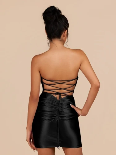 Indie | Black Bodycon Satin Sweetheart Corset Homecoming Dress with Sequined Flowers | KissProm