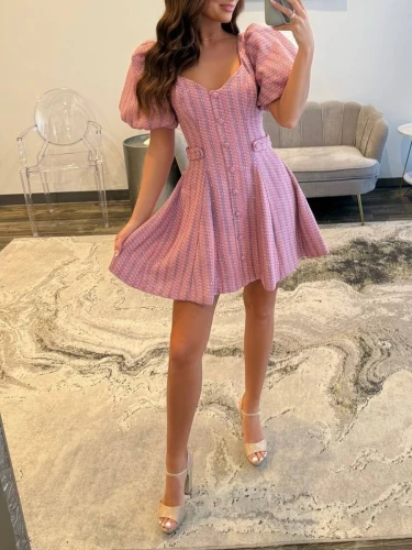 Idony | Pink - A Line V Neck Textured Tweed Homecoming Dresses with Puffed Sleeves