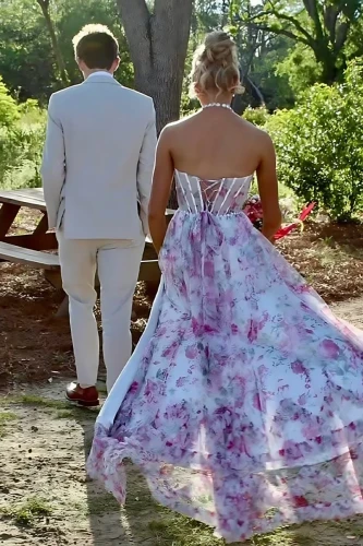 Heraldine | Pink - Halter A Line Floral Chiffon Ruffled Formal Prom Dresses With Beading