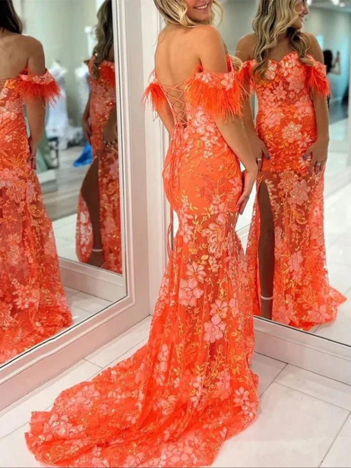 Jalea | Orange Sweetheart Mermaid Lace Long Prom Dresses With Split