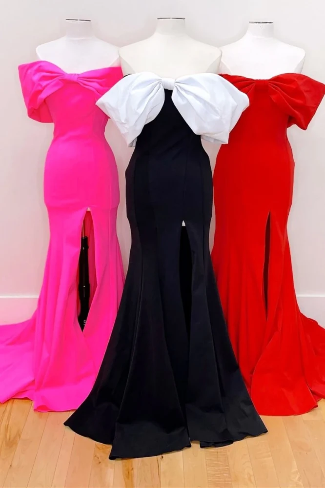 Herbert | Red Off-the-Shoulder Bow Mermaid Gown with Slit