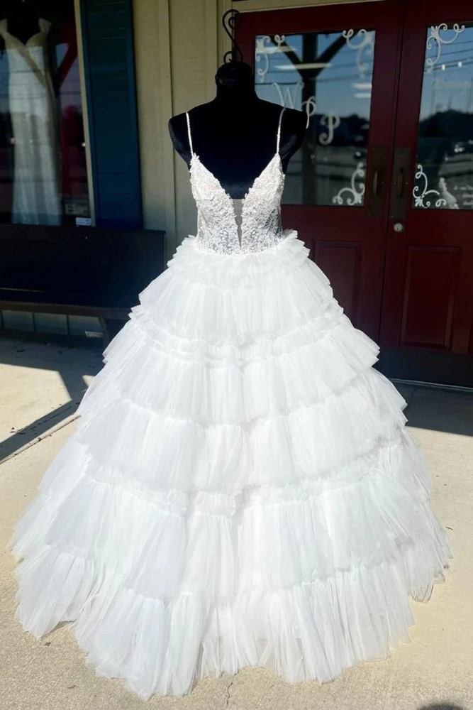 Hadlee | Black Beaded Spaghetti Strap Ruffle Tiered Ball Gown
