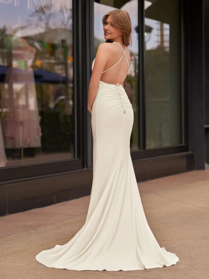 Helaina | Plunge Neck Light Pink Mermaid Satin Long Prom Dress