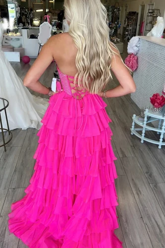Hanya | Fuchsia - A Line Strapless Chiffon Beaded Corset Long Prom Dress With Slit