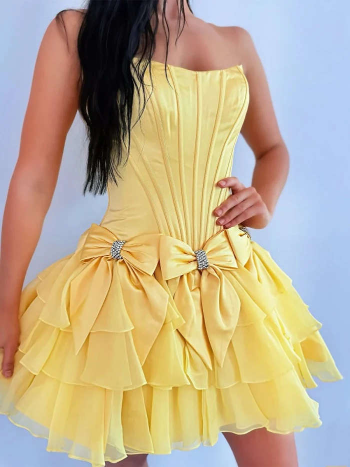 Izara | Yellow - A Line Scoop Neck Ruffles Corset Homecoming Dresses with Bows