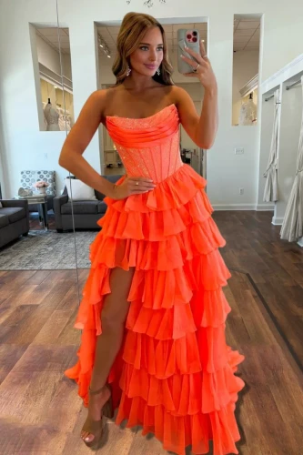 Hanya | Orange - A Line Strapless Chiffon Beaded Corset Long Prom Dress With Slit
