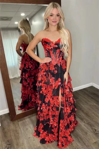 Hermonde | Red - Strapless A Line Floral Chiffon Ruffled Prom Dresses With Slit
