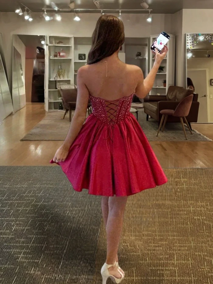 Hira | Red - Strapless Satin A Line Short Homecoming Dresses With Beading