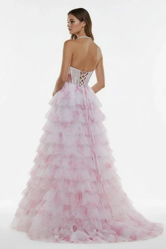 Inari | Pink – A Line Floral Tulle Halter Long Prom Dress with Ruffles and Beading