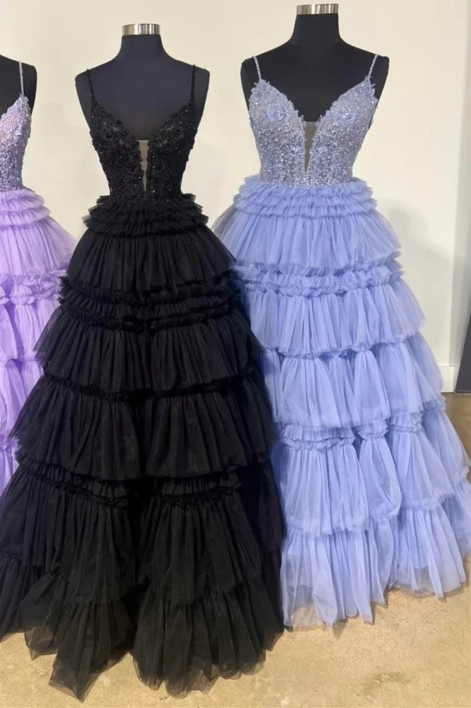 Hadlee | Black Beaded Spaghetti Strap Ruffle Tiered Ball Gown