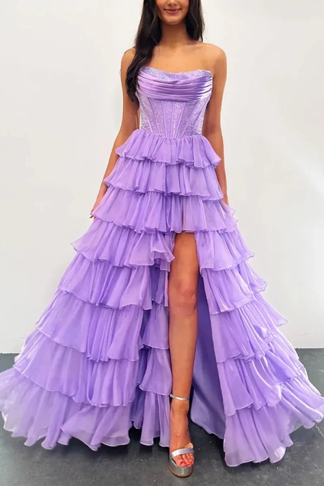 Hanya | Lilac - A Line Strapless Chiffon Beaded Corset Long Prom Dress With Slit