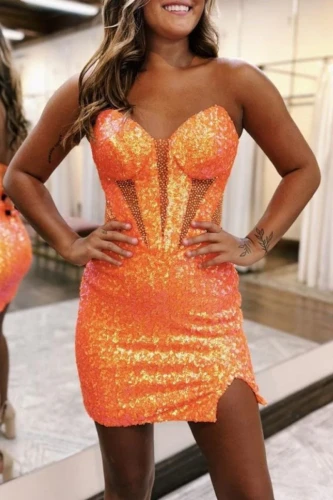 Hillary | Orange Sparkly Strapless Bodycon Sequin Mini Party Dresses with Slit