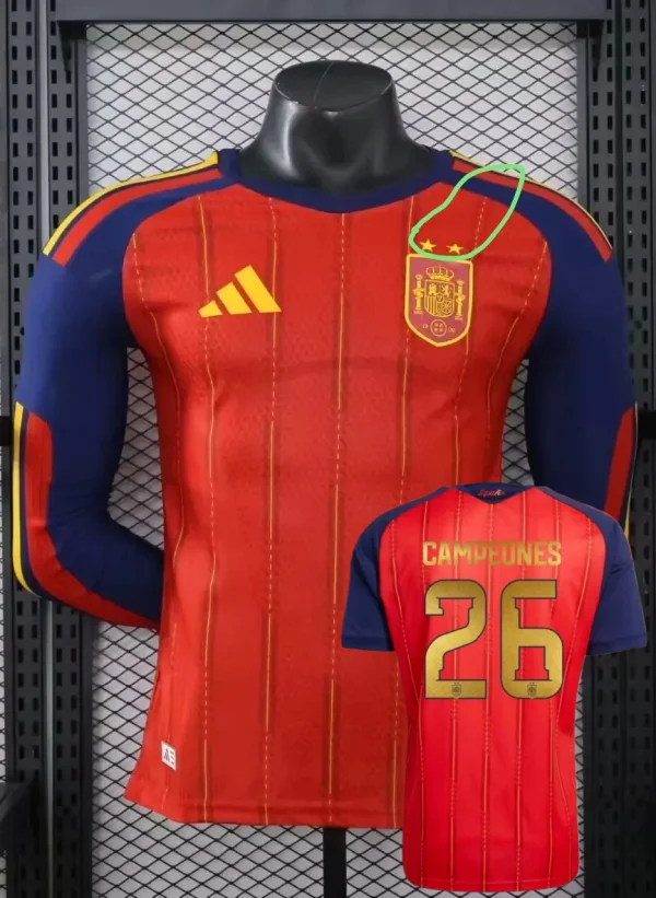 2026 World Cup Spain Home Print CAMPEONES #26 Long Sleeve Player Version Soccer Jersey (With 2 Star)*两颗星*长袖球员