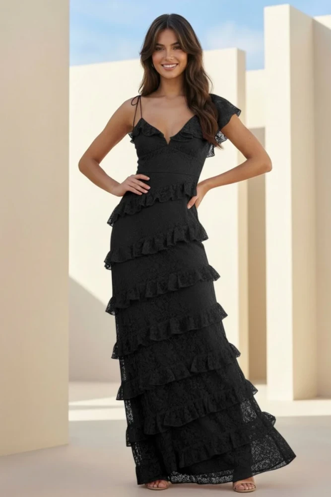 Iverie | Red Sheath V Neck Lace Long Prom Dresses With Ruffles
