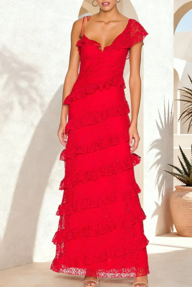 Iverie | Red Sheath V Neck Lace Long Prom Dresses With Ruffles