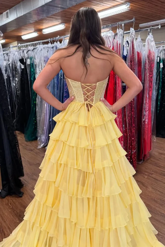 Hanya | Yellow - A Line Strapless Chiffon Beaded Corset Long Prom Dress With Slit