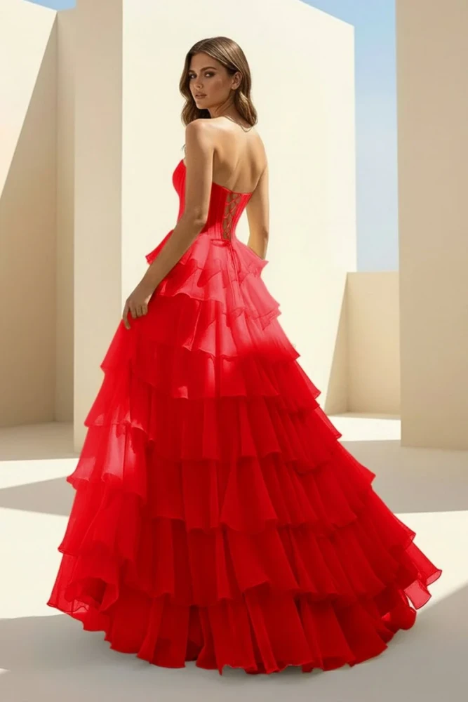Haliah | Pink - Strapless A Line Chiffon Tiered Prom Dresses With Appliques