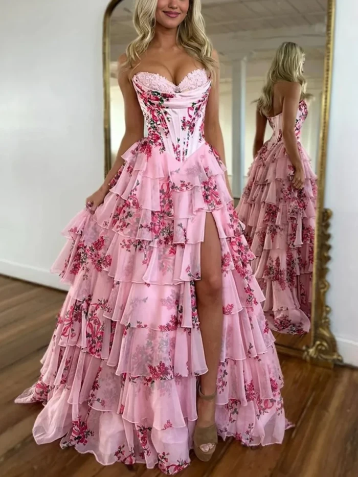 Haruko | A Line Floral Blush Tiered Chiffon Long Corset Prom Dress with Slit