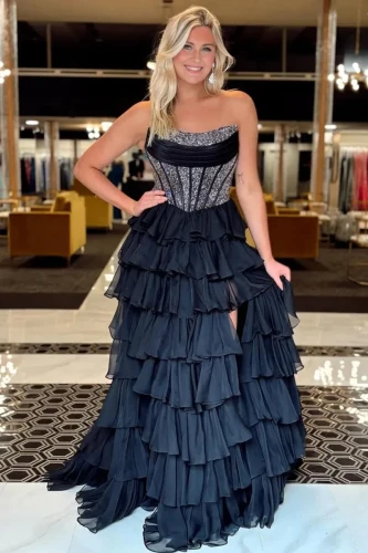 Hanya | Black - A Line Strapless Chiffon Beaded Corset Long Prom Dress With Slit