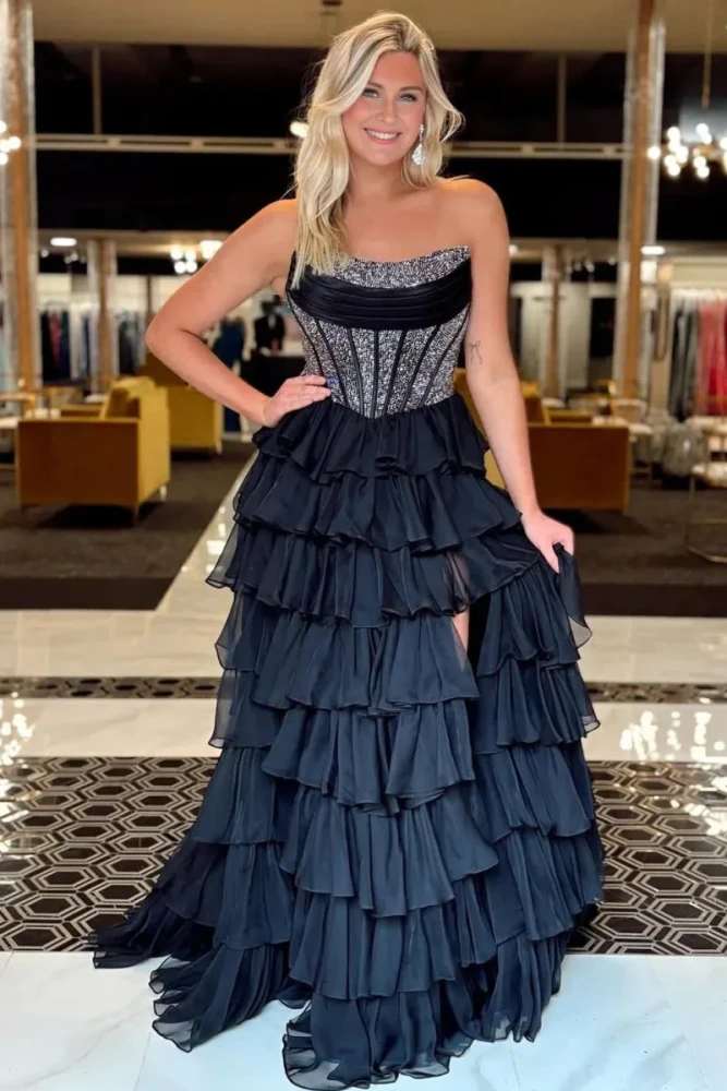 Hanya | Black - A Line Strapless Chiffon Beaded Corset Long Prom Dress With Slit