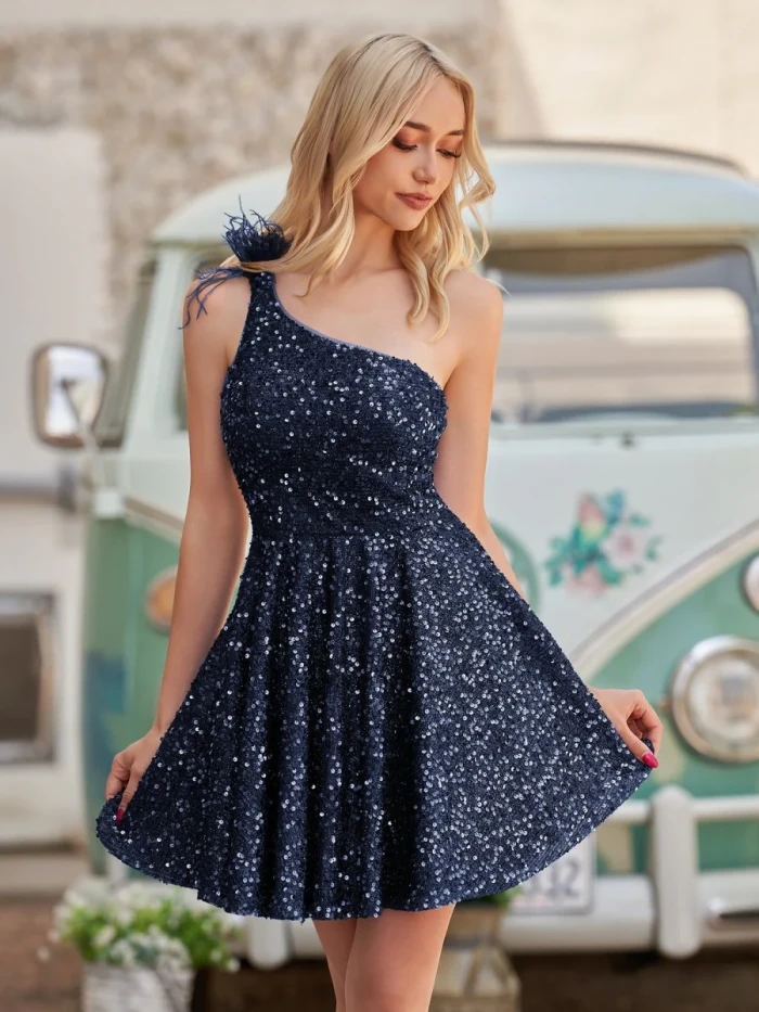 Holli | Royal Blue - One Shoulder A Line Sequins Homecoming Dresses With Feathers