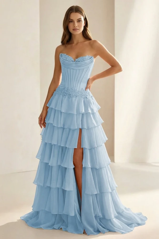 Jaleira | Pink - Sweetheart Chiffon Ruffled A Line Formal Prom Dresses With Appliques