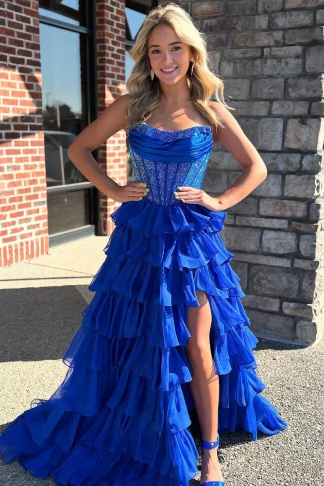 Hanya | Royal Blue - A Line Strapless Chiffon Beaded Corset Long Prom Dress With Slit