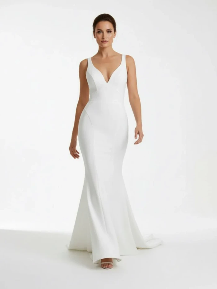 Ivory Plunge V Open Back Mermaid Long Wedding Dress