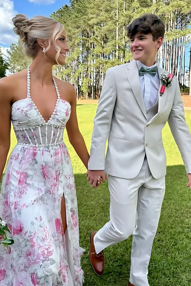 Heraldine | Pink - Halter A Line Floral Chiffon Ruffled Formal Prom Dresses With Beading