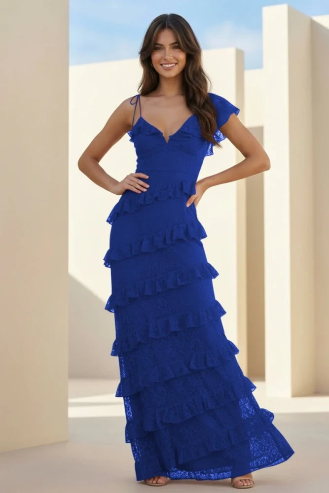 Iverie | Red Sheath V Neck Lace Long Prom Dresses With Ruffles