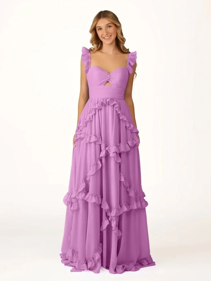 Hubery | A-Line Straps Sky Blue Chiffon Ruffles Long Prom Dress