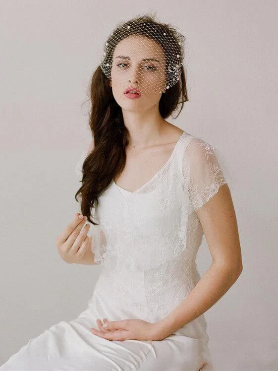 Ivory Mesh Birdcage Veils with Tiny Beads
