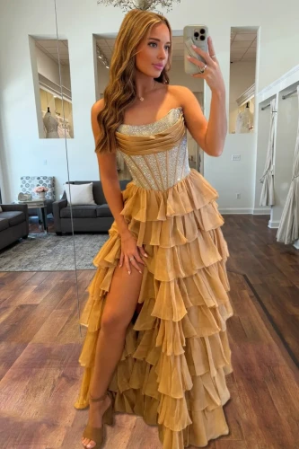 Hanya | Gold - A Line Strapless Chiffon Beaded Corset Long Prom Dress With Slit