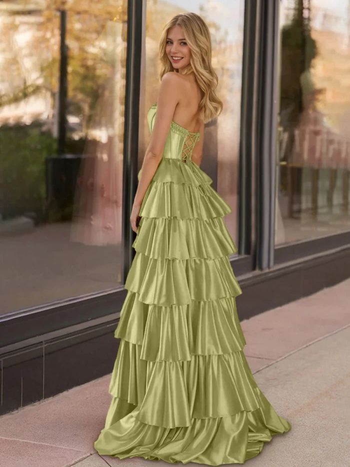 Indiana | Yellow Strapless Satin Ruffle Tiered Beaded A Line Prom Dresses