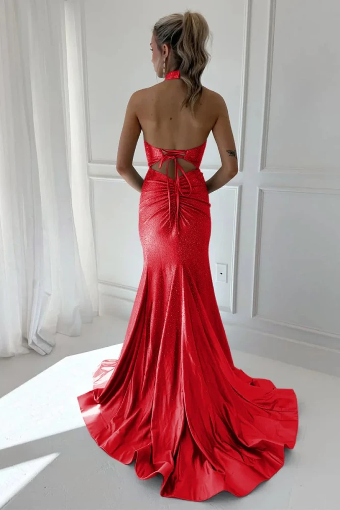 Harlin | Sky Blue - Halter Mermaid Satin Beaded Long Formal Prom Dresses With Slit