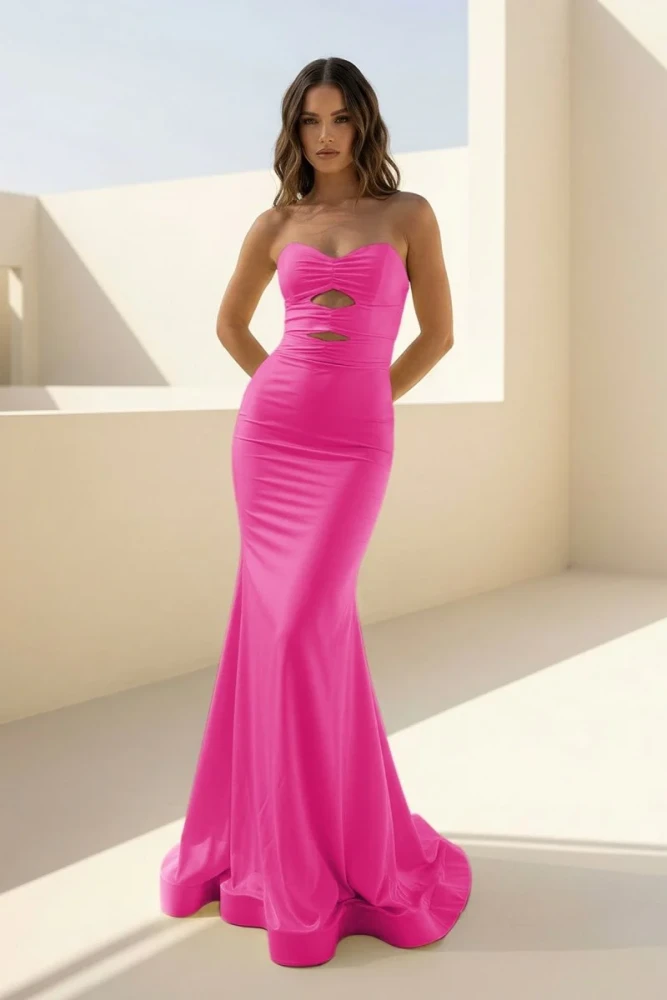 Isalyn | Yellow - Strapless Mermaid Satin Long Prom Dresses With Cutout