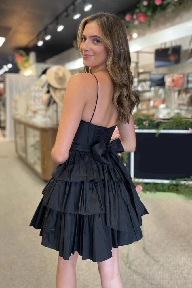 Ivilia | Black Spaghetti Straps Satin A-Line Ruffled Short Corset Homecoming Dress with Bow