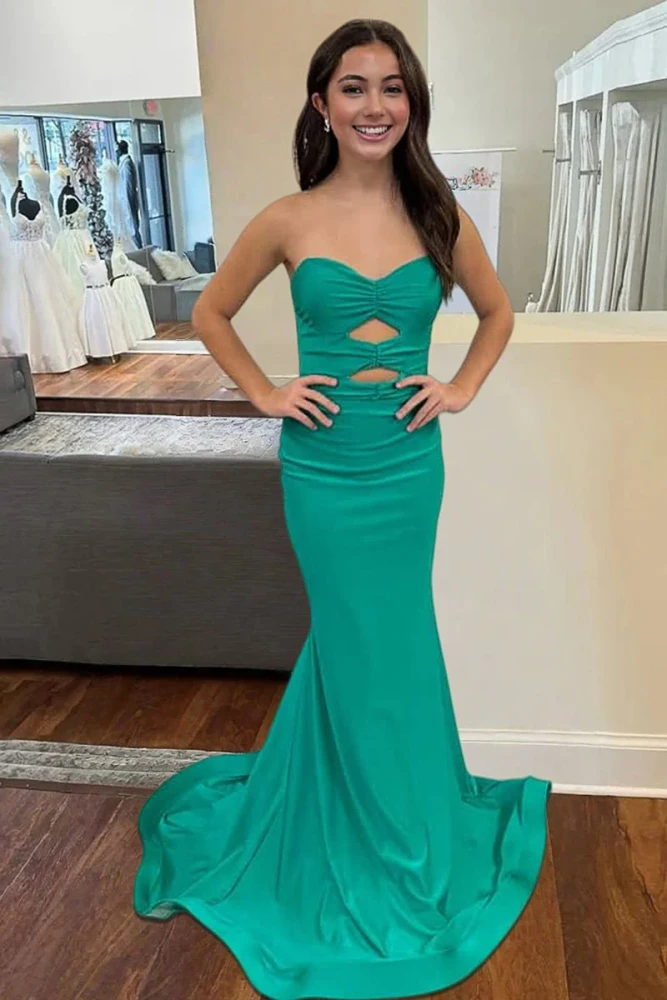 Isalyn | Yellow - Strapless Mermaid Satin Long Prom Dresses With Cutout