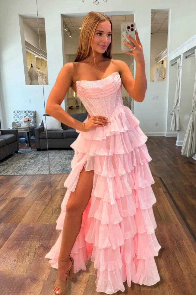 Hanya | Pink - A Line Strapless Chiffon Beaded Corset Long Prom Dress With Slit