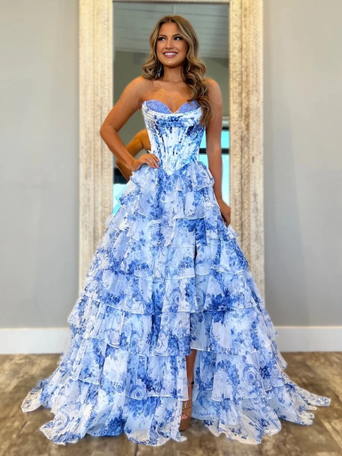 Haruko | A-Line Blush Strapless Chiffon Floral Ruffled Prom Dress With Slit