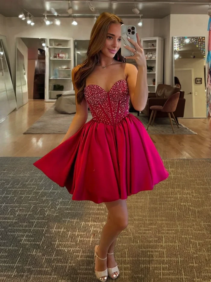 Hira | Red - Strapless Satin A Line Short Homecoming Dresses With Beading