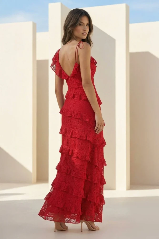 Iverie | Red Sheath V Neck Lace Long Prom Dresses With Ruffles