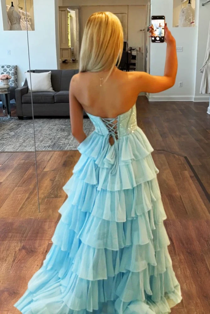 Hanya | Sky Blue - A Line Strapless Chiffon Beaded Corset Long Prom Dress With Slit