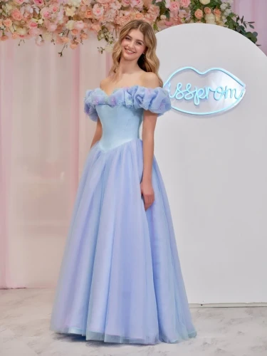 Isabel | Cinderella Blue Tulle Off the Shoulder With Crystals & Butterflies Ball Gown